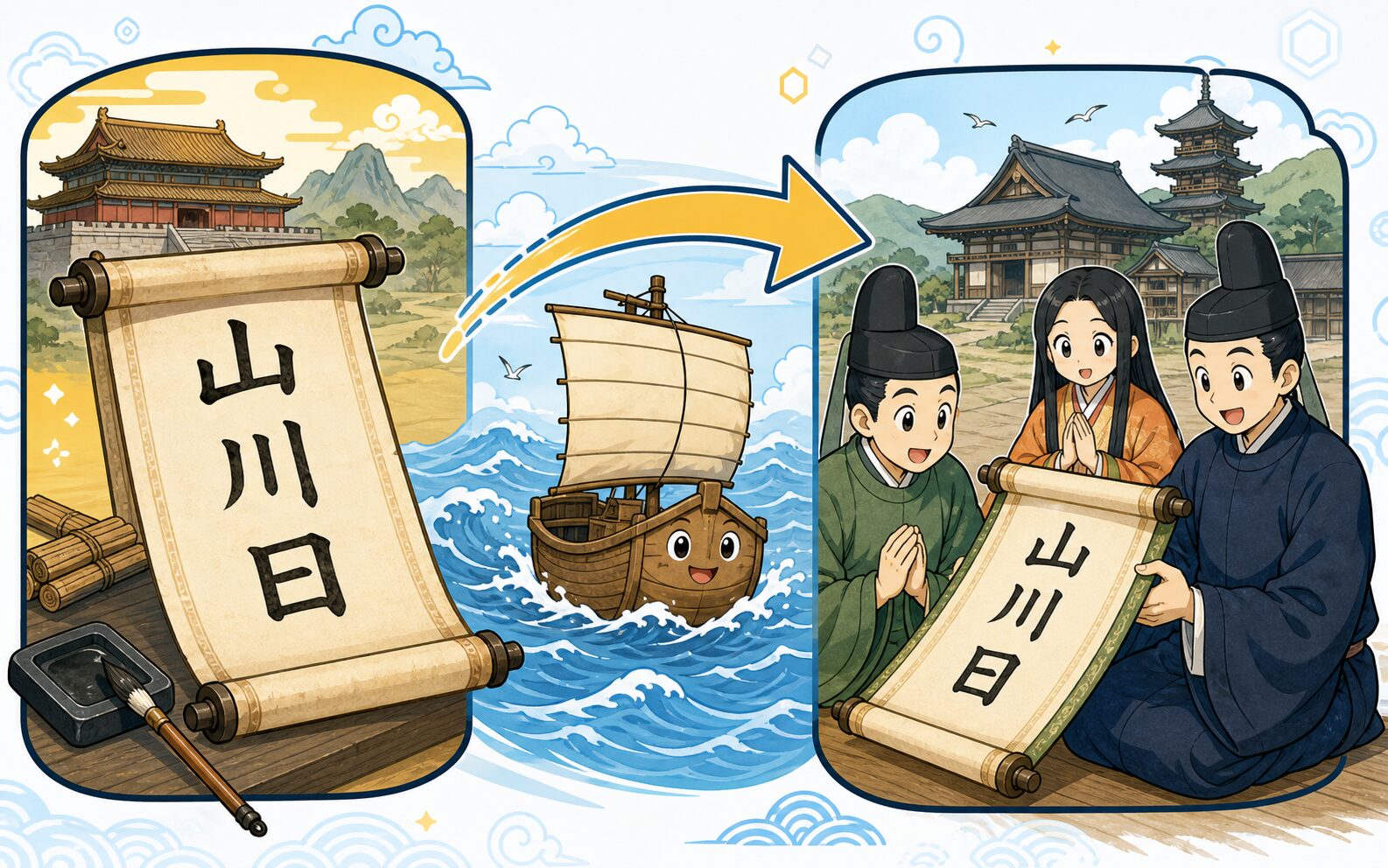 中国から海を渡って漢字が日本へ伝わる様子の図解