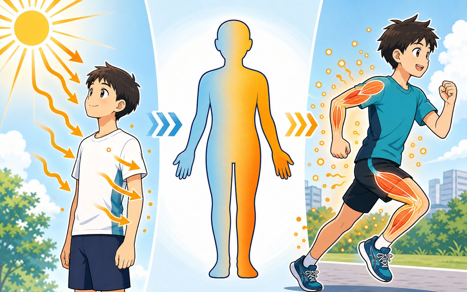 日差しや運動によって体の中に熱が増える様子の図解