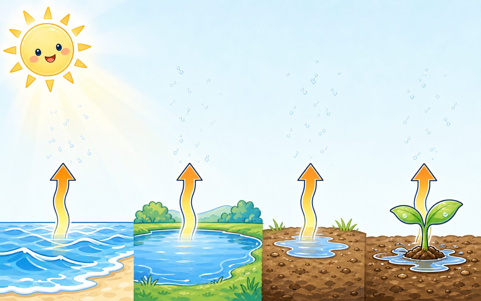 太陽に温められた海や川の水が蒸発して水蒸気になる様子