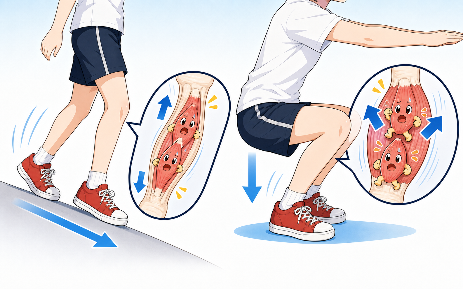 坂道を下る動きやスクワットで筋肉が力を出しながら伸ばされる様子