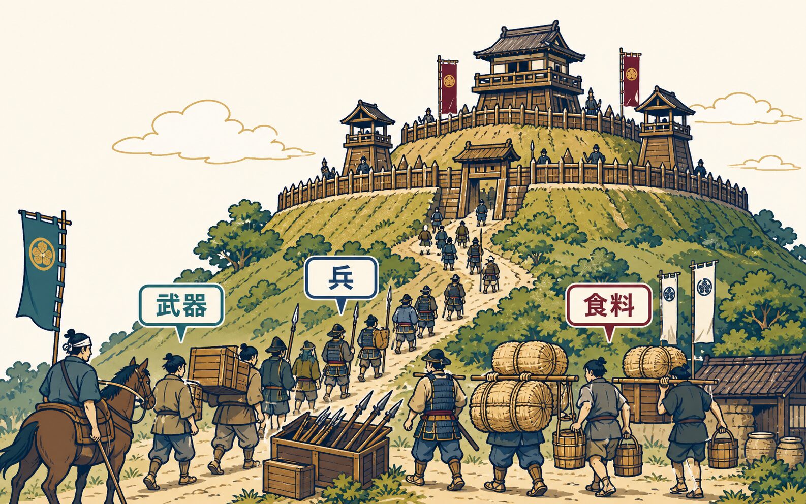 守りやすい丘の城へ兵士と武器や食料が集まる様子