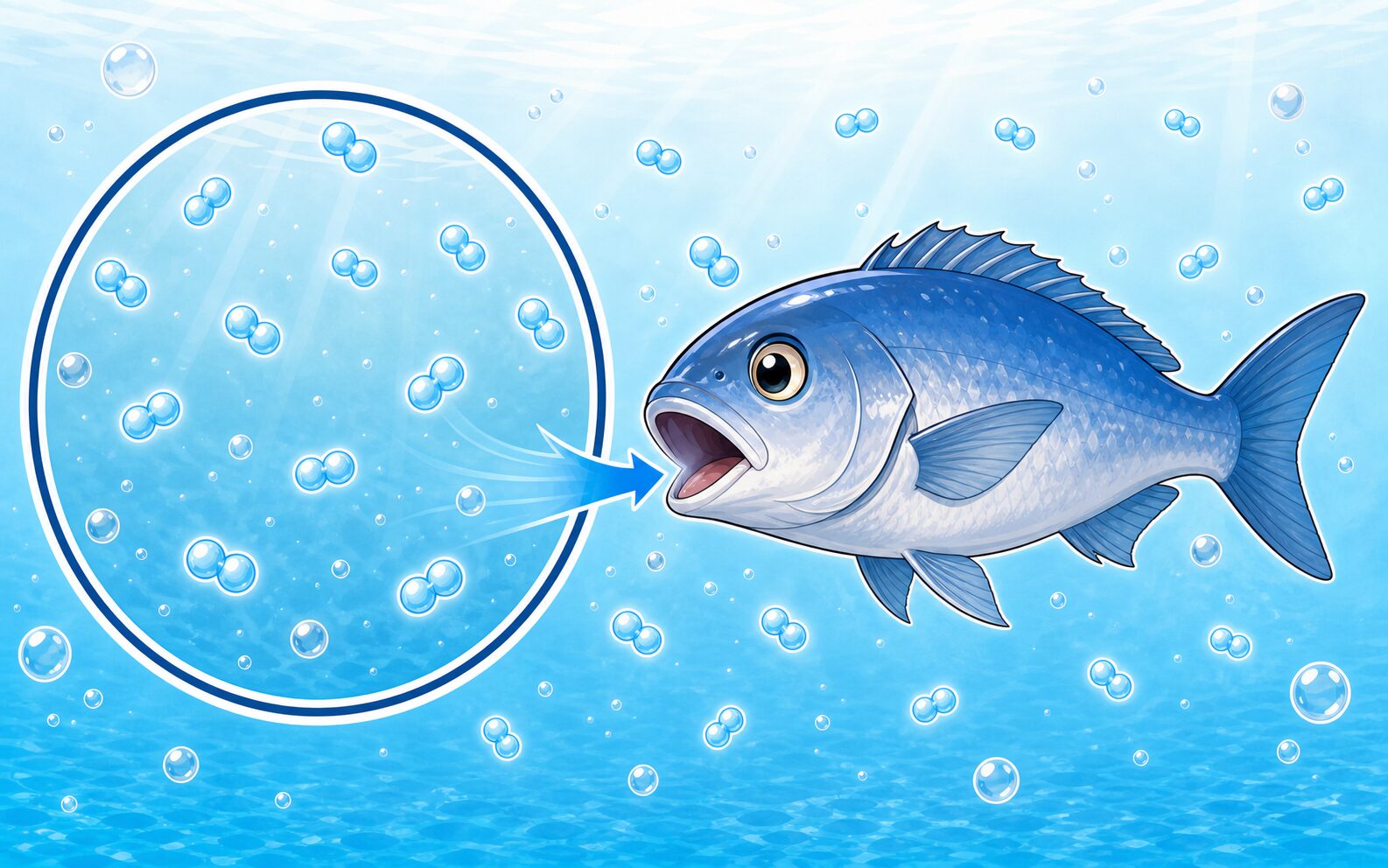 水の中に酸素の分子が溶けており、魚がその水を口へ取り込む様子