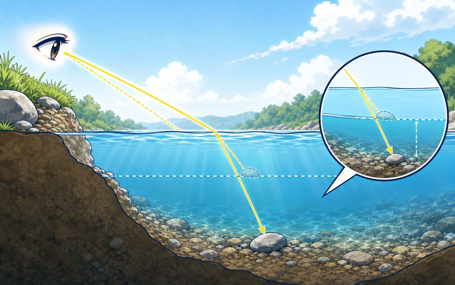 水面で光が屈折し、水底が実際より浅く見える仕組み