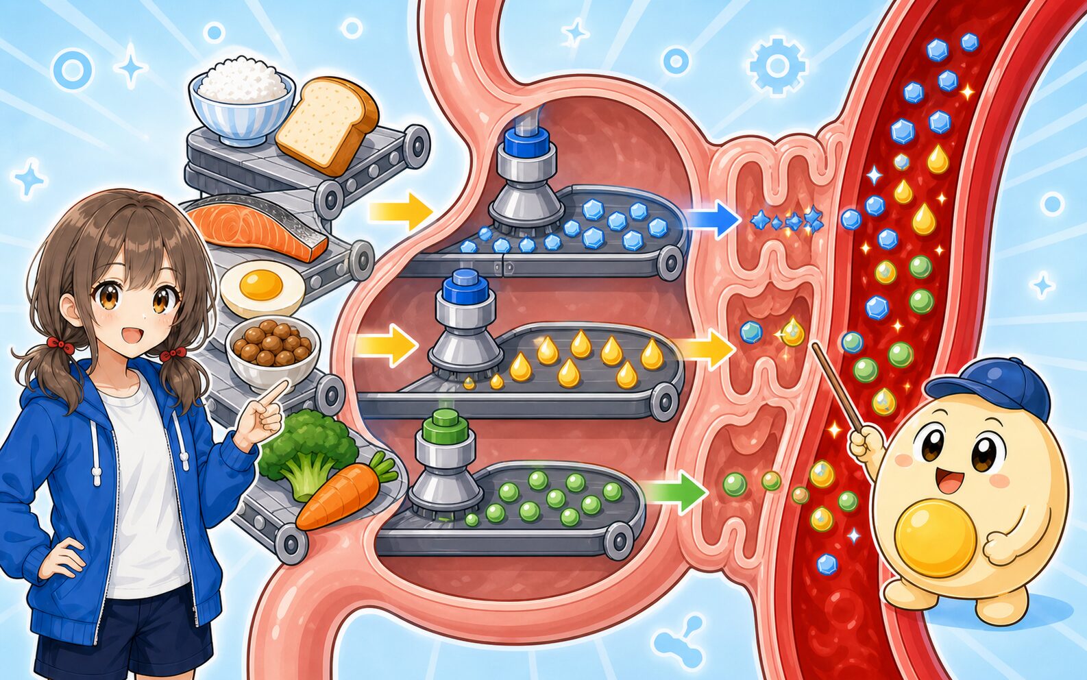 食べ物が消化され、糖や脂肪酸、アミノ酸などの小さな材料になって吸収される様子