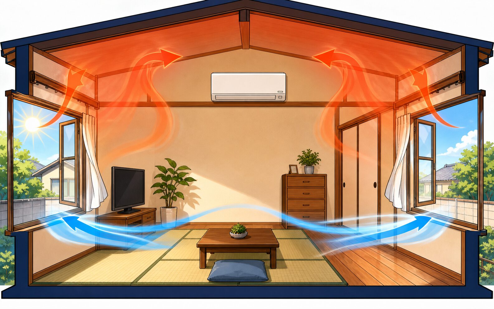 窓を開けて部屋の上部にこもった熱気を外へ逃がす様子