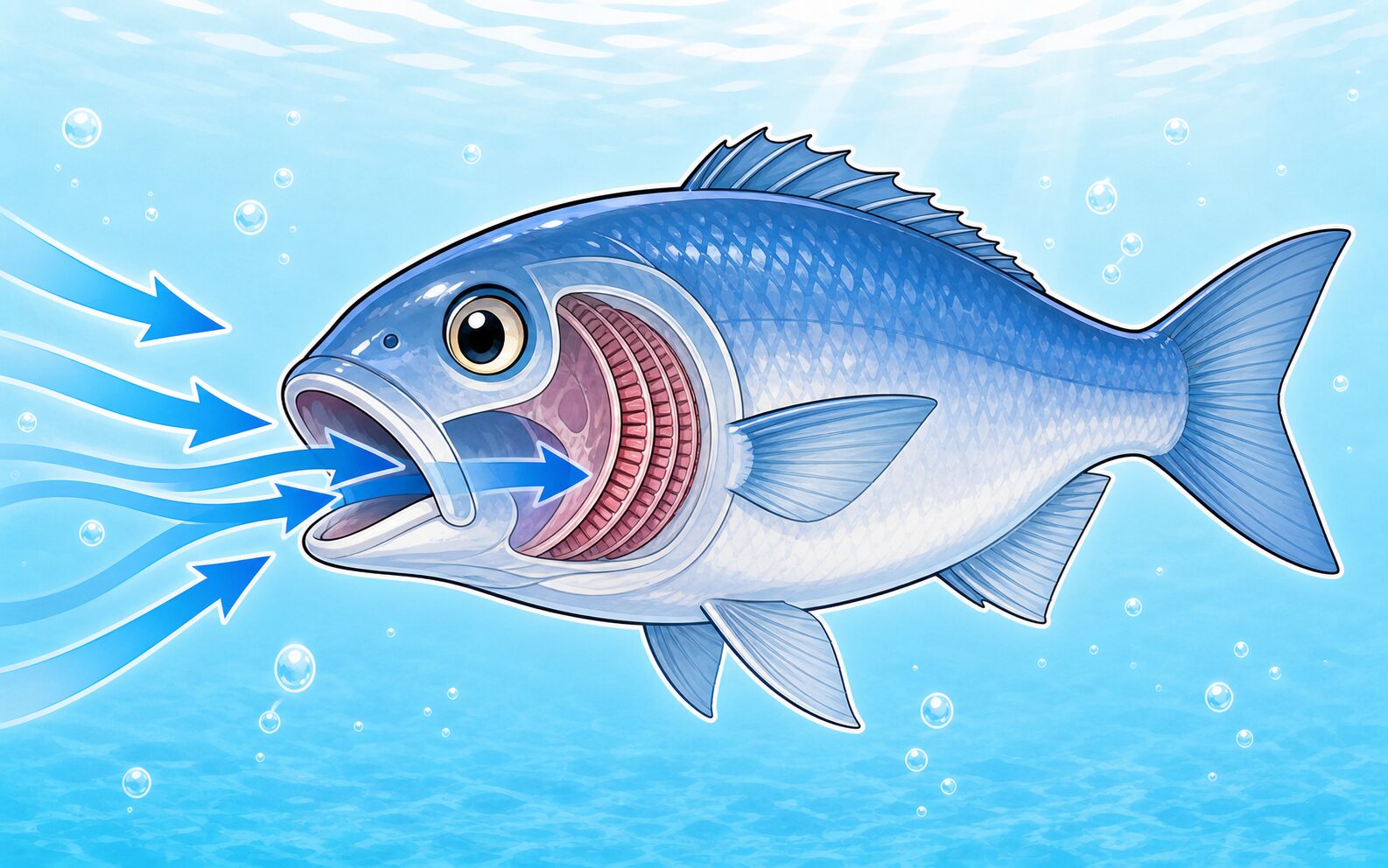 魚が口を開き、酸素を含んだ水を口の中へ取り込む様子