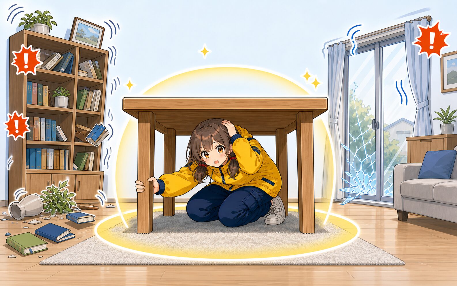 ミナが丈夫な机の下へ入り倒れそうな本棚や窓から離れて身を守る様子