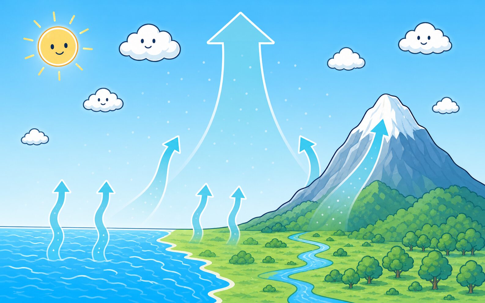 水蒸気を含む暖かい空気が上昇気流によって上空へ運ばれる様子