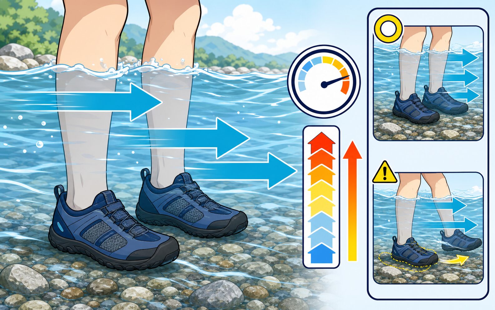 浅い川でも流れが両脚を下流へ押して足元を不安定にする様子