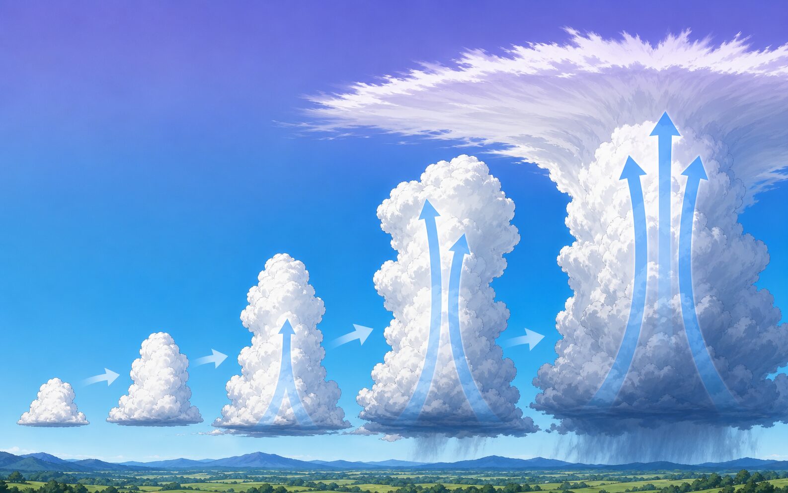 小さな雲が背の高い積乱雲へ成長する様子