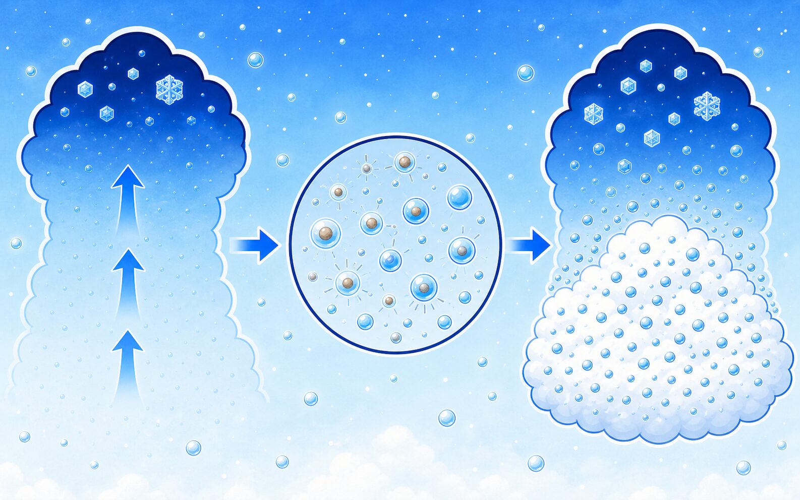 上空で冷えた水蒸気が小さな水滴や氷の粒になって雲を作る様子