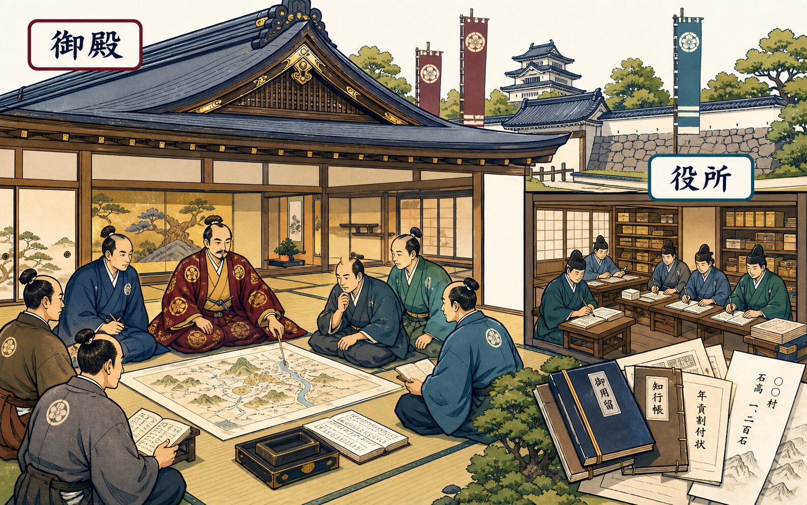 城内の御殿で城主と家臣が領地の政治を相談する様子