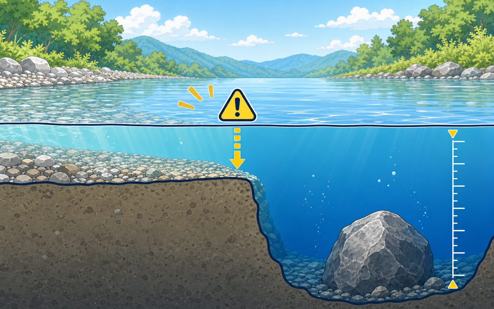 浅い砂利底のすぐ隣に急な段差と深い淵がある川の断面