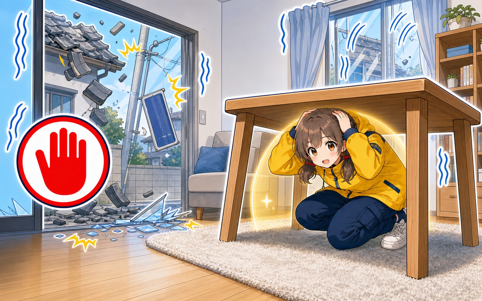揺れている間は外へ飛び出さず机の下で身を守るミナと屋外の落下物