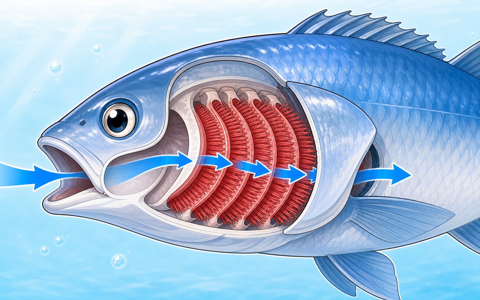 口から入った水が、魚の頭部にある赤いエラの表面を通る様子