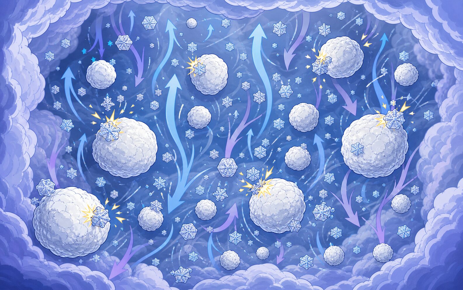 積乱雲の中で氷晶とあられが激しくぶつかり合う様子