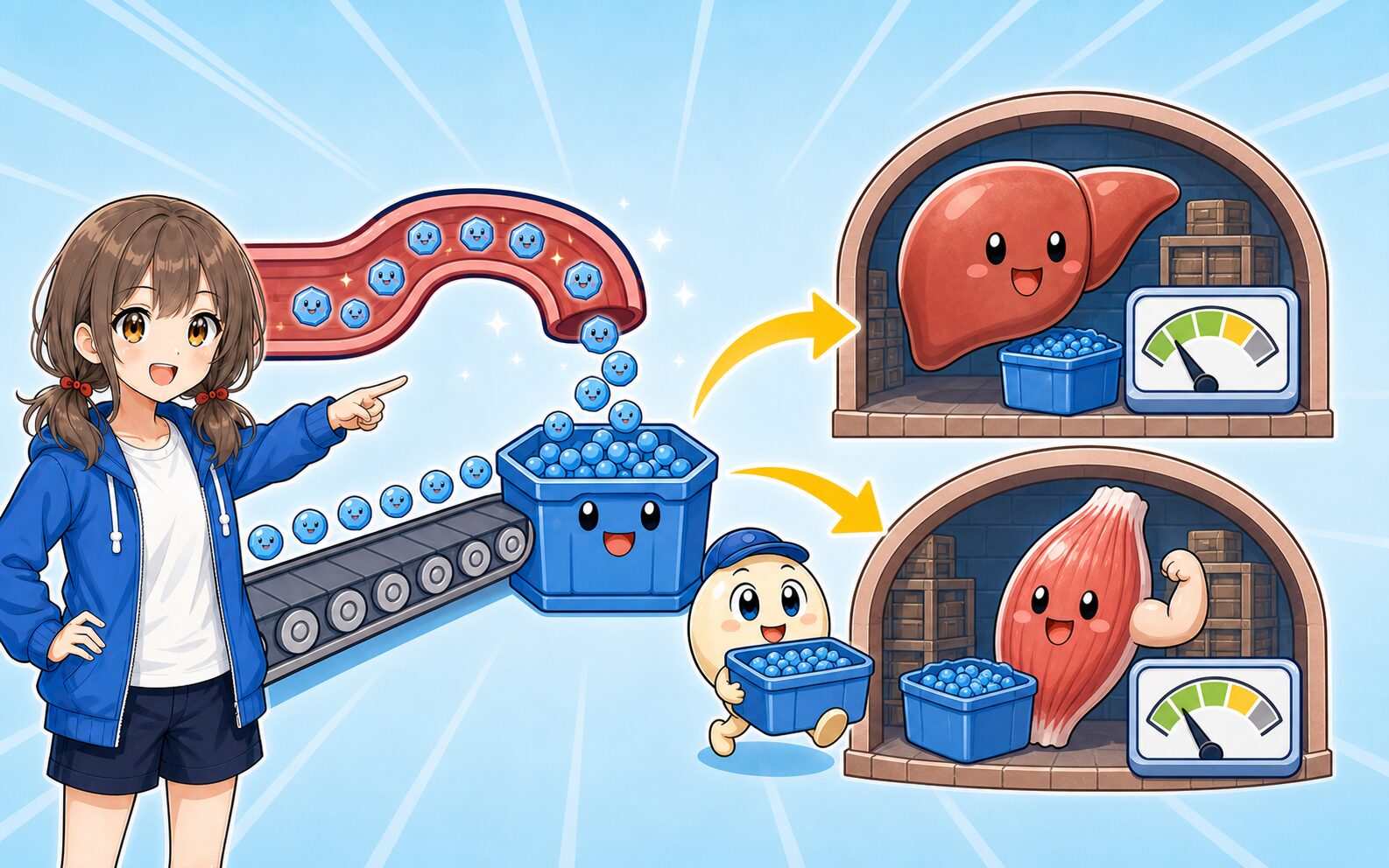 すぐに使わない糖の一部がグリコーゲンとして肝臓と筋肉に保存される様子