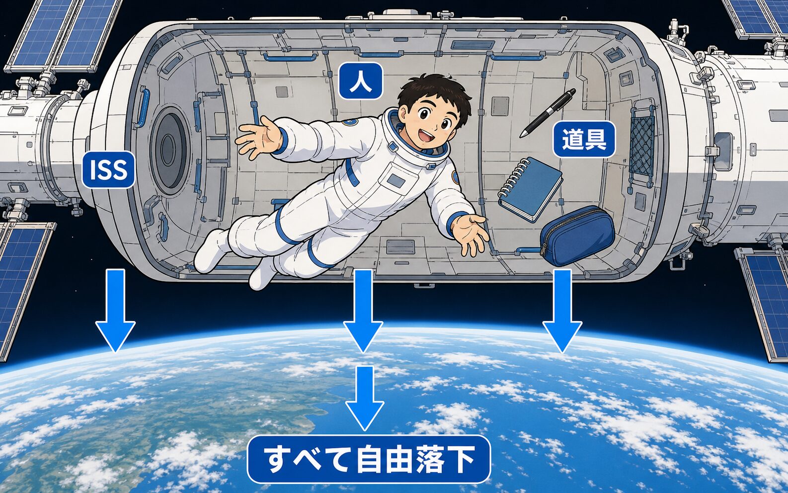 ISSと宇宙飛行士と道具が一緒に自由落下する様子の図解
