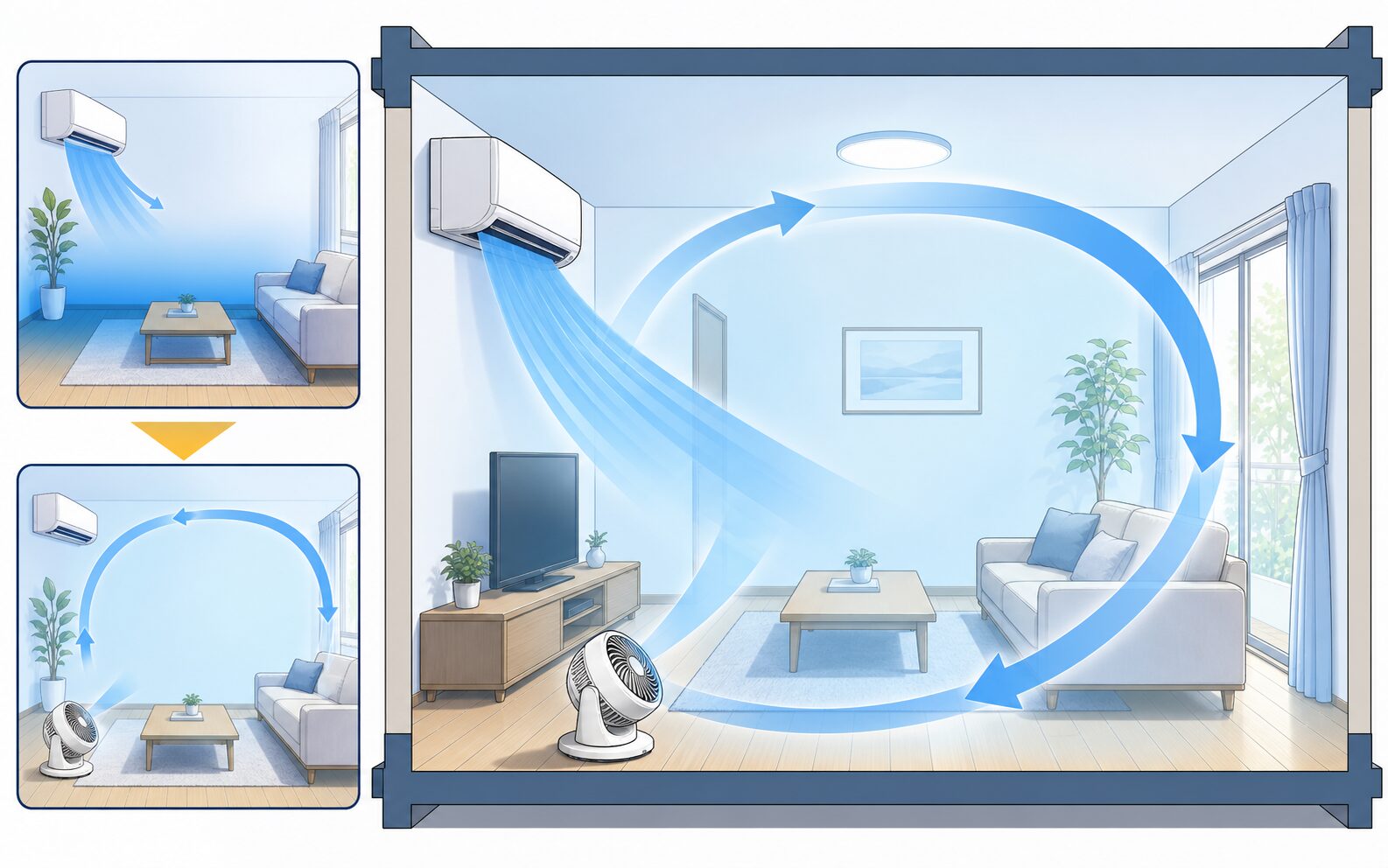 エアコンとサーキュレーターで冷たい空気を部屋全体に循環させる様子