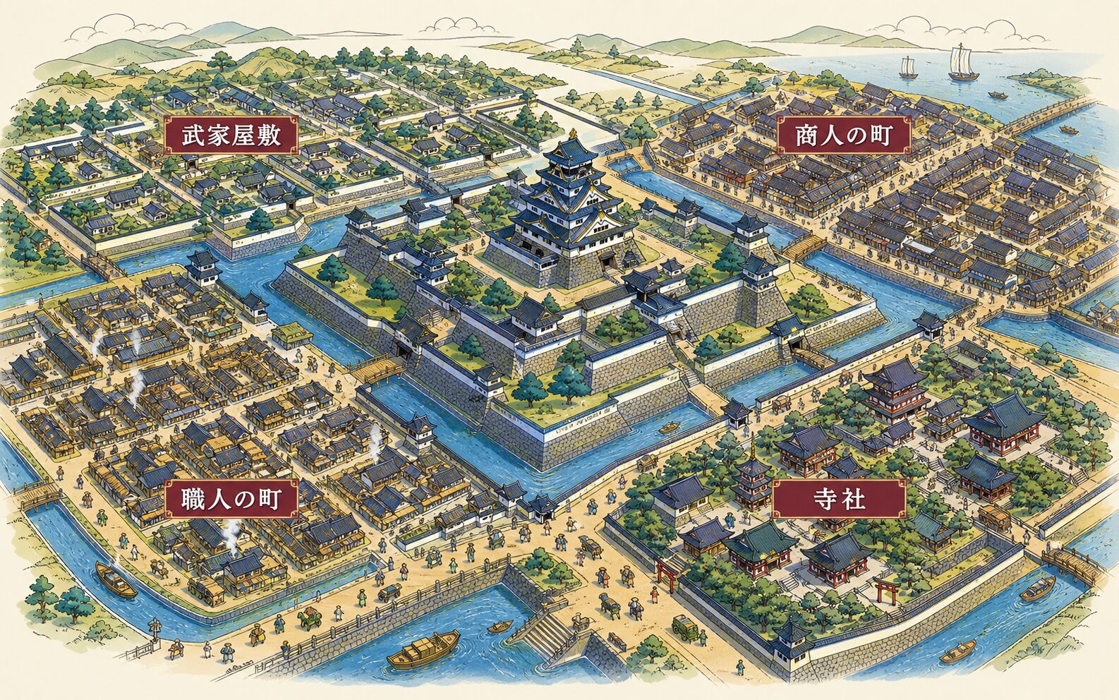 城を中心に武家屋敷や商人と職人の町が広がる城下町の図解
