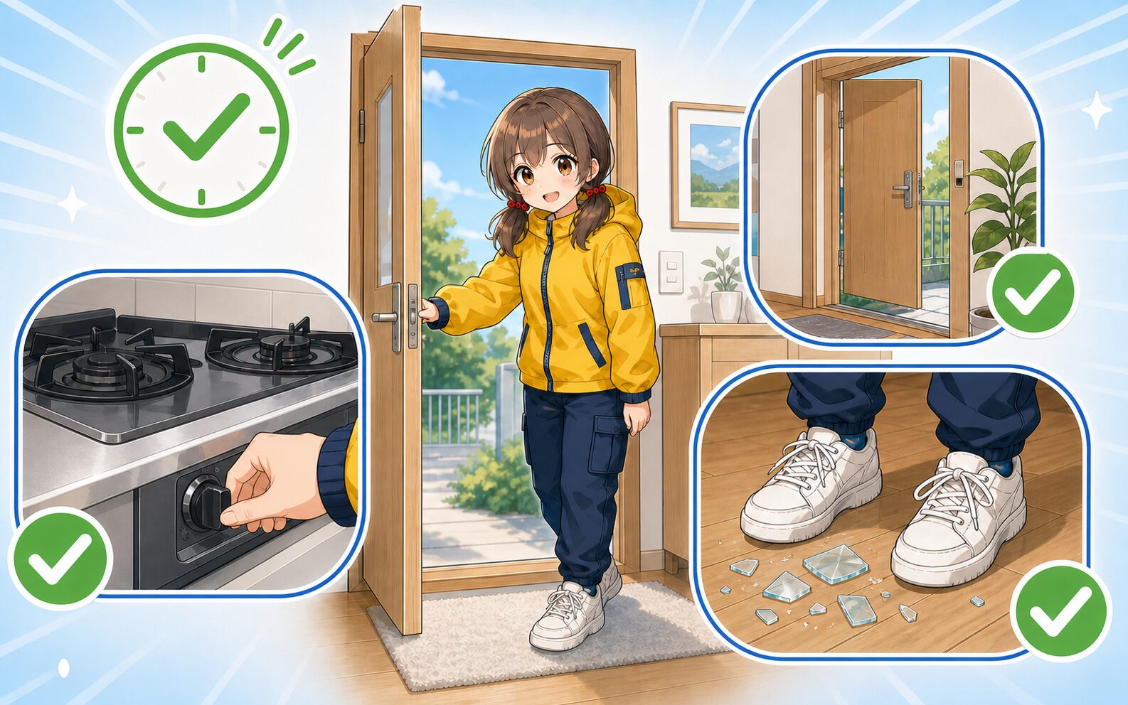 揺れが収まった後に出口を確保し消えたコンロと足元のガラスを確認する様子