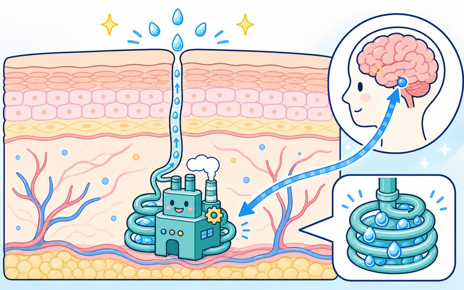 皮膚の断面で汗腺が汗を作り汗の通り道から表面へ出す様子の図解