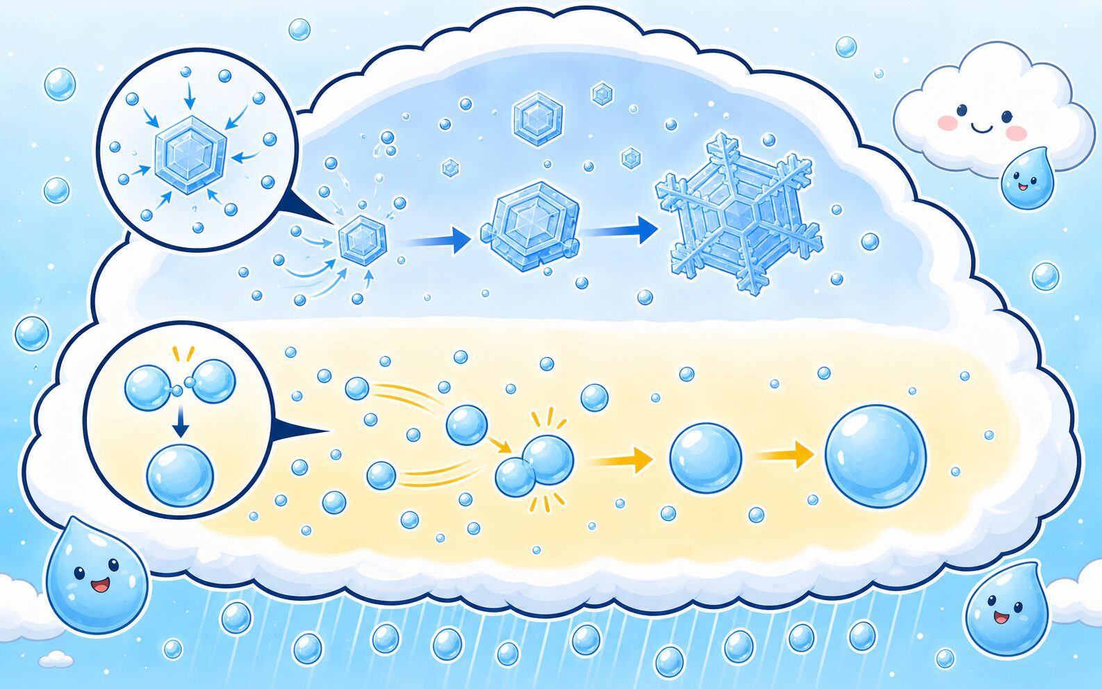 雲の中で小さな水滴が衝突して合体し、氷の結晶も成長する様子