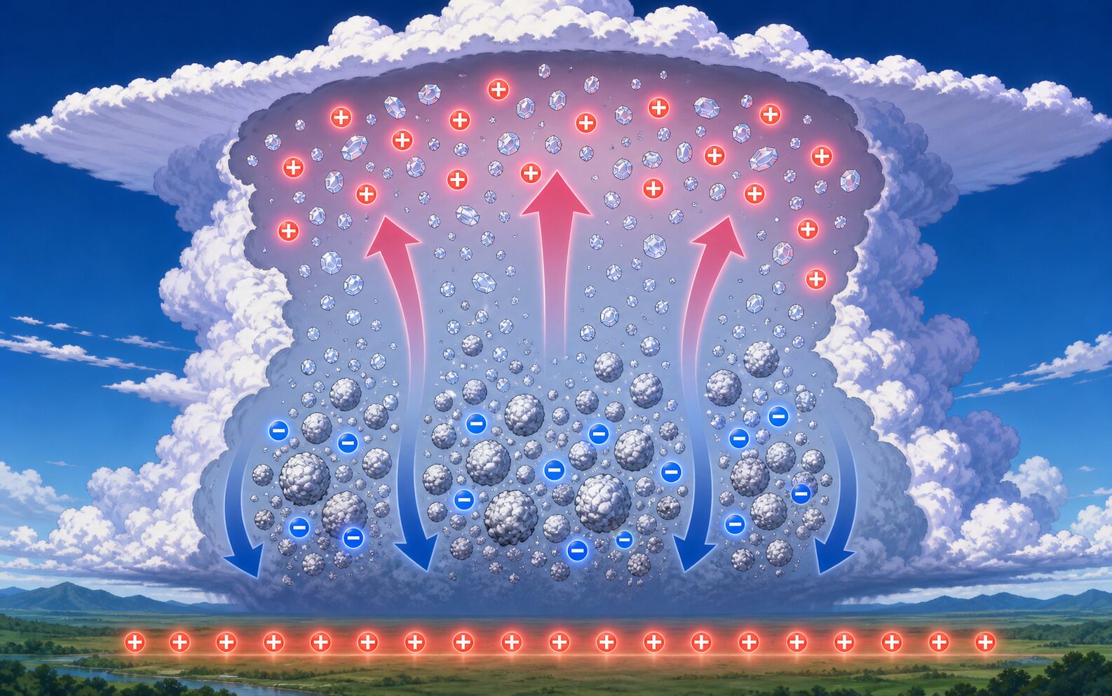 積乱雲の上部にプラス、下部にマイナスの電気が集まる様子