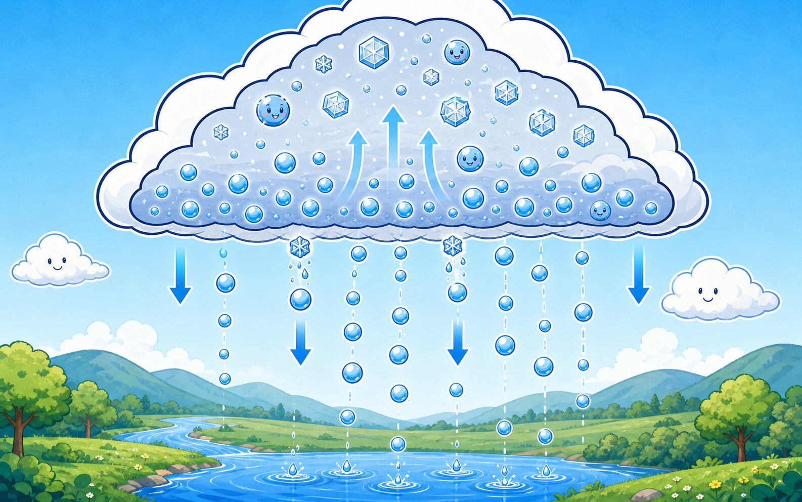 雲の中で成長した粒が上昇気流で支えきれなくなり、重力で地上へ落ちる様子