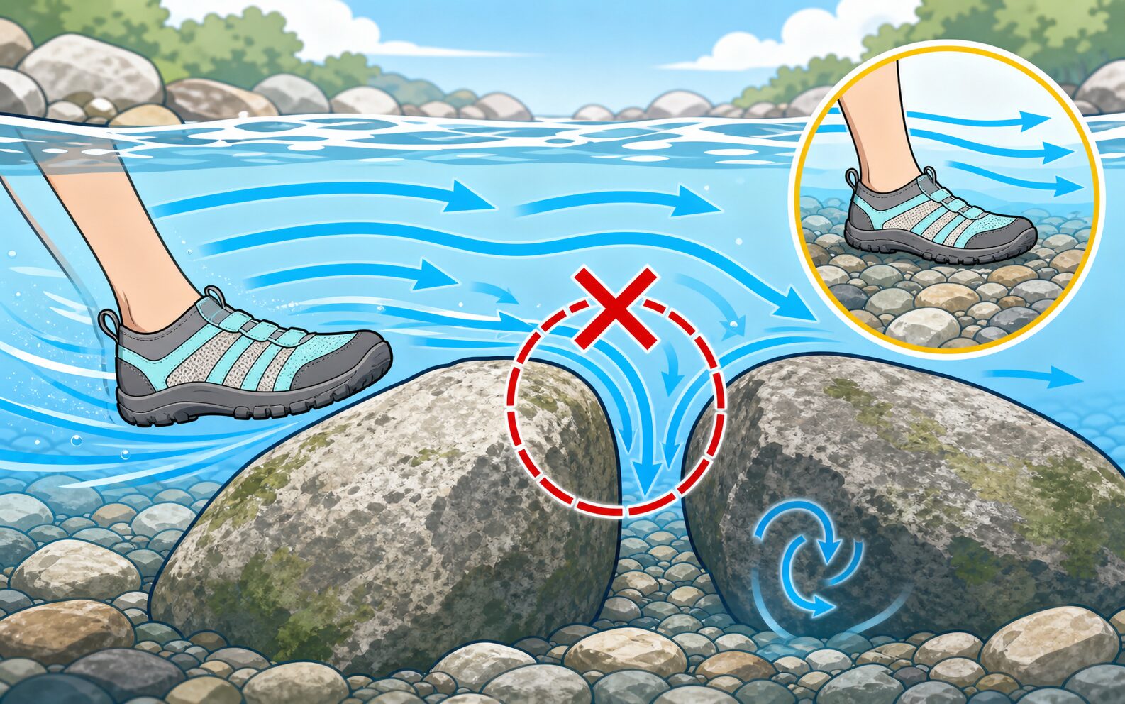 岩の隙間に足を入れないことと、岩の周囲にできる複雑な流れ