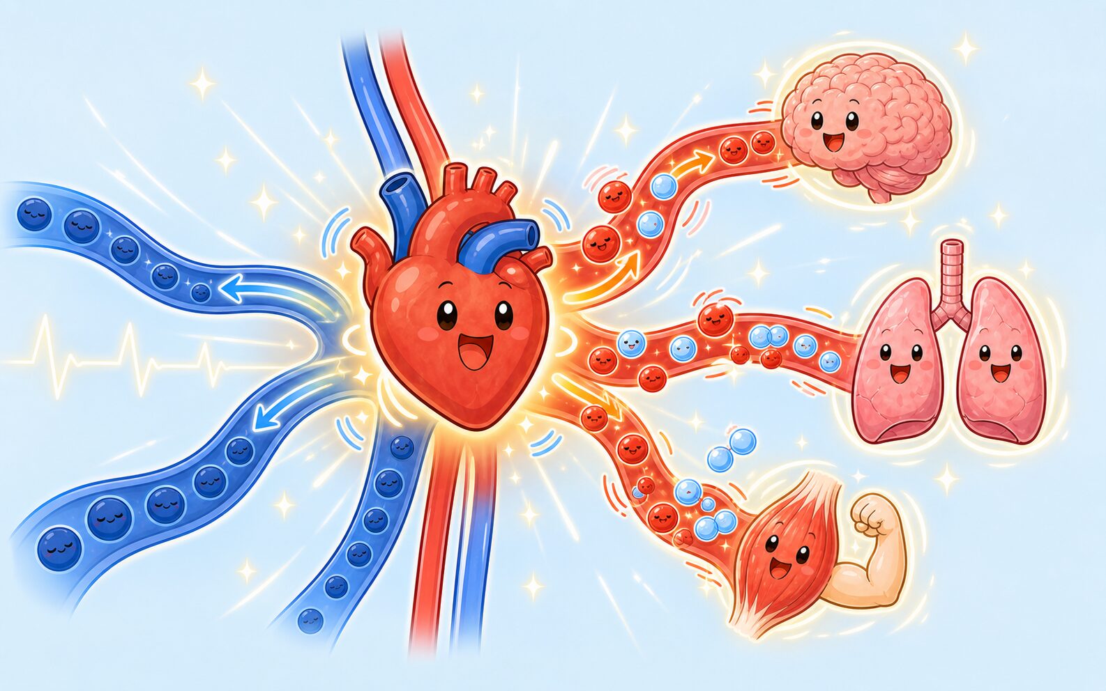心臓が速く強く拍動し、酸素とエネルギーを含む血液を全身へ送る様子