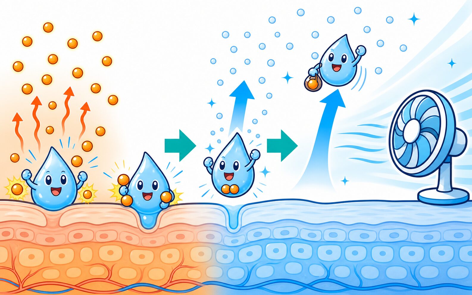 皮膚表面の汗が水蒸気へ変わり体の熱を空気中へ運ぶ様子の図解
