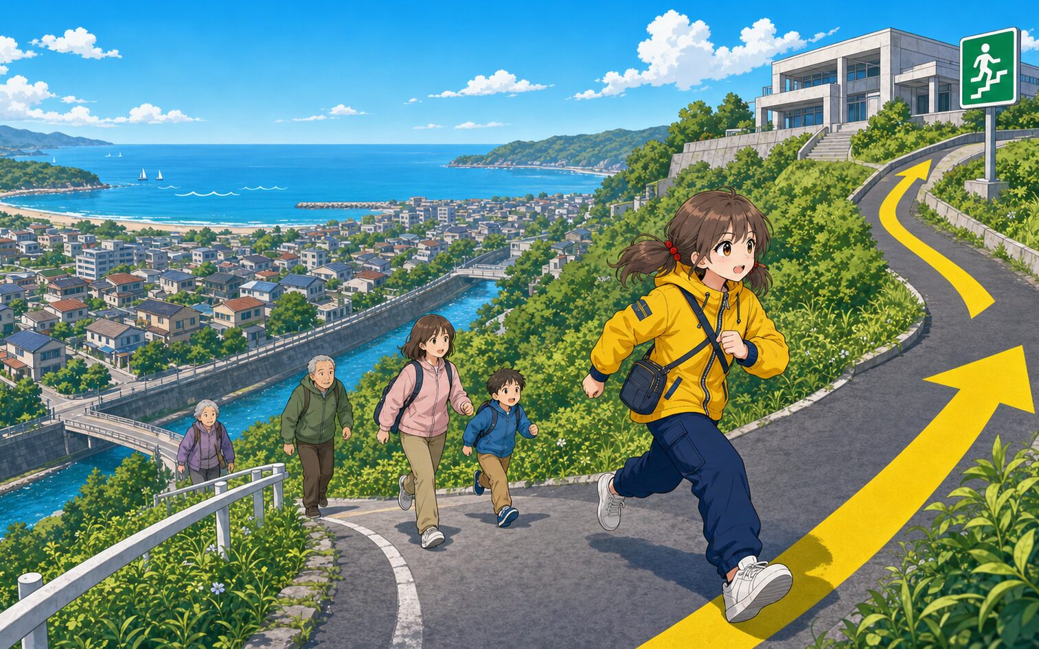 沿岸部で地震を感じたミナが海や川から離れ高い場所へ避難する様子