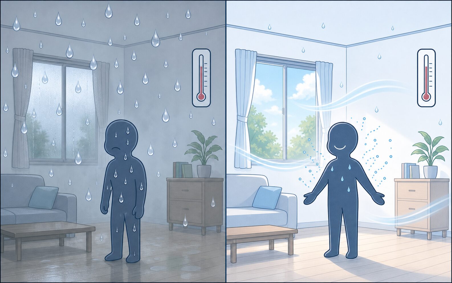 同じ室温でも湿度が高い部屋と低い部屋で汗の蒸発しやすさが違う様子