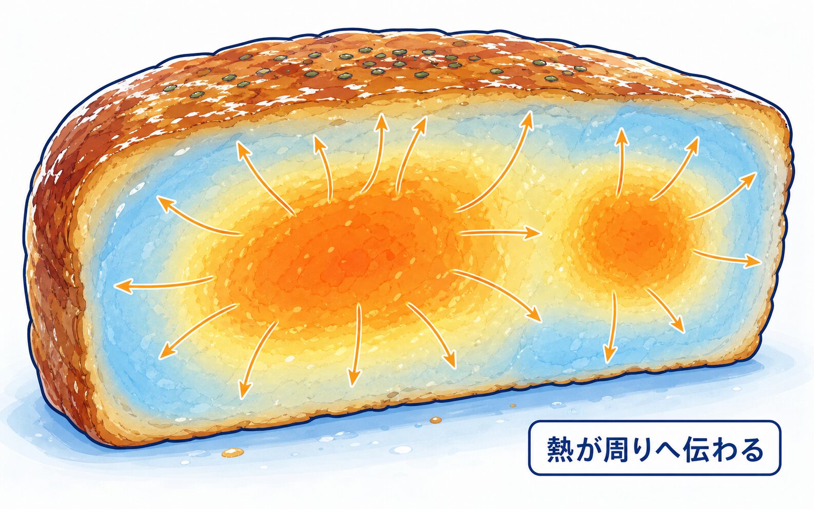 食品のマイクロ波を吸収した部分から周囲へ熱が伝わる様子