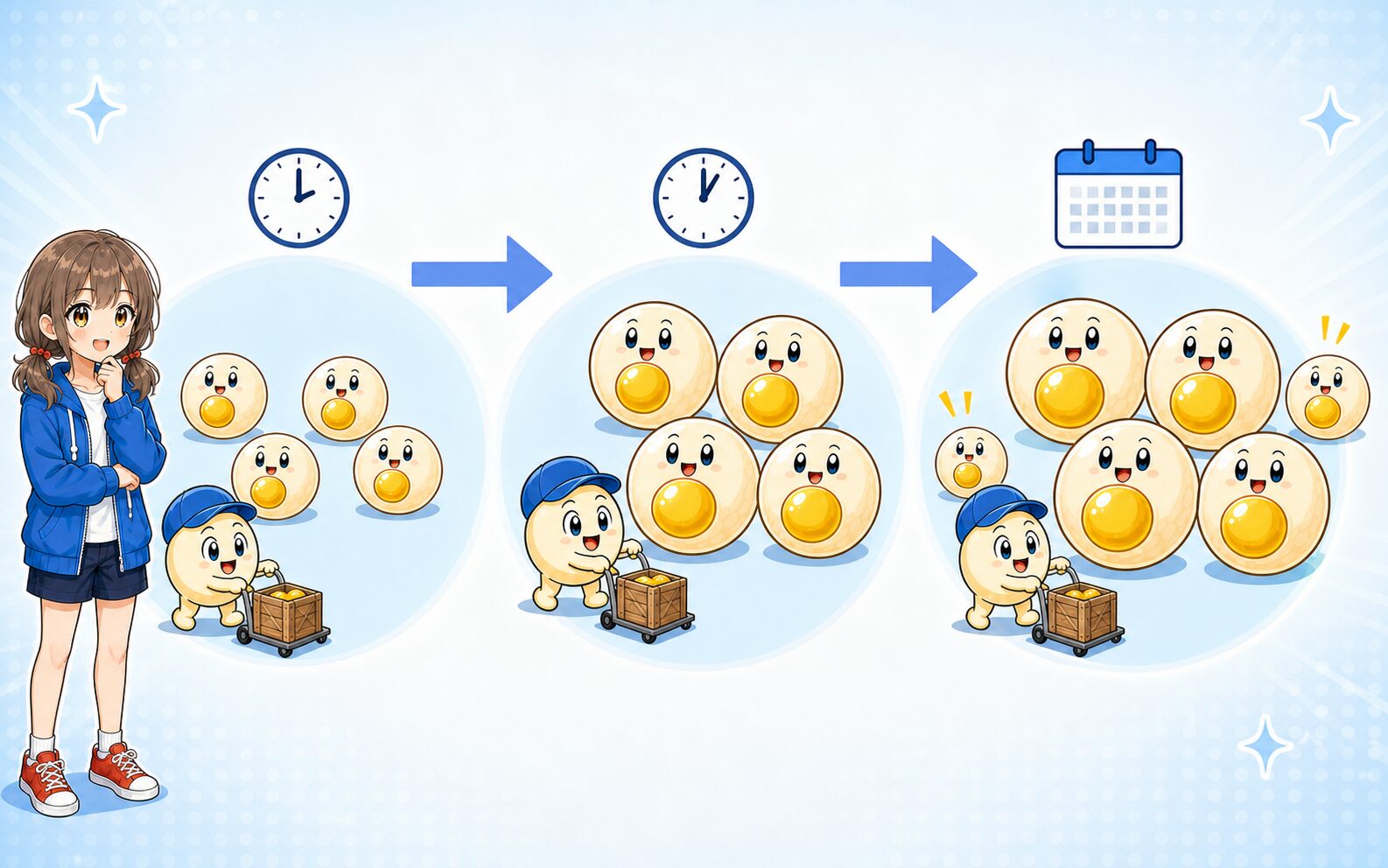 脂肪の保存が増えるにつれて脂肪細胞が大きくなり、長期的には新しい脂肪細胞が加わることがある様子
