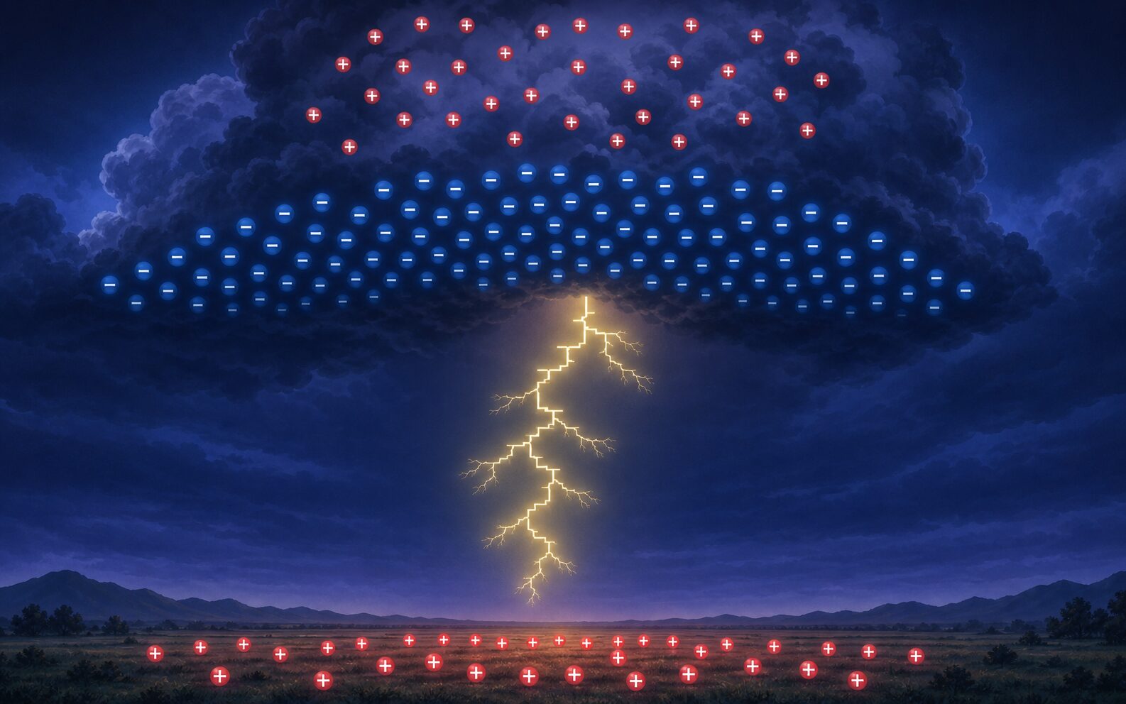 積乱雲と地面の間に電気がたまり放電の通り道が伸び始める様子