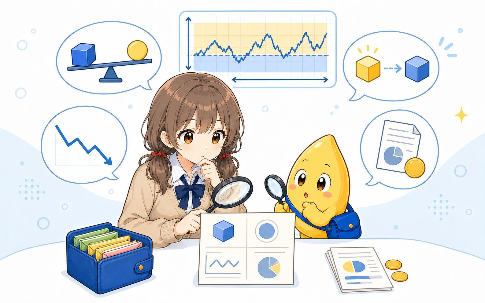 ミナとタネくんが商品説明や値動き、生活費の財布を確認する様子