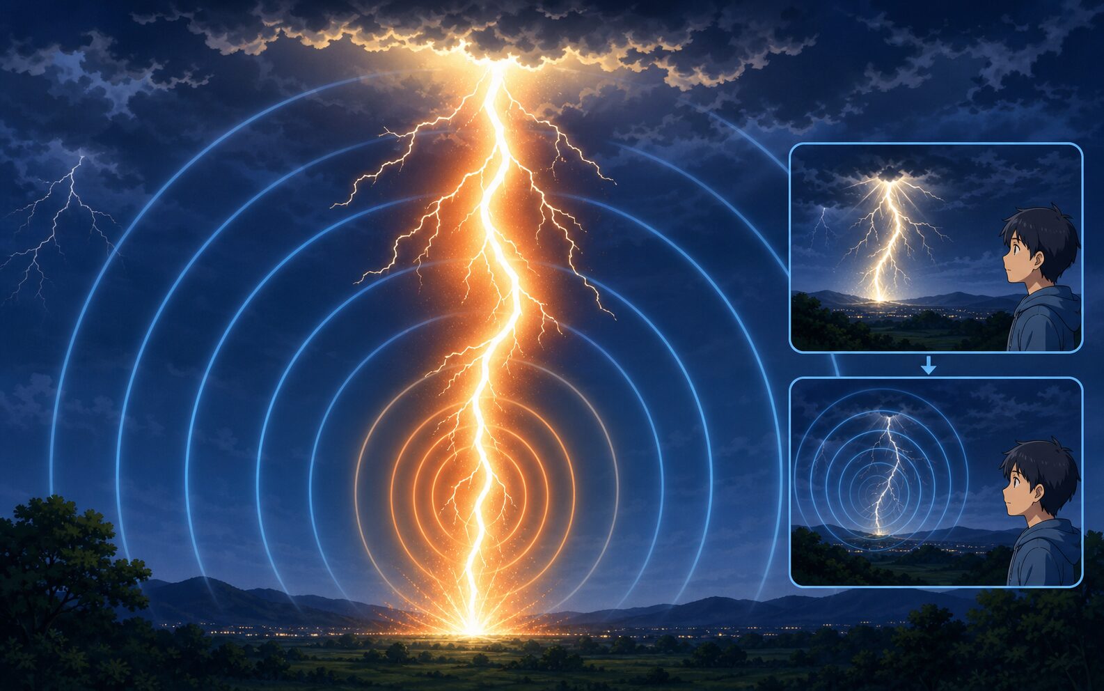 電気が一気に流れて強い光と音の波が生まれる様子