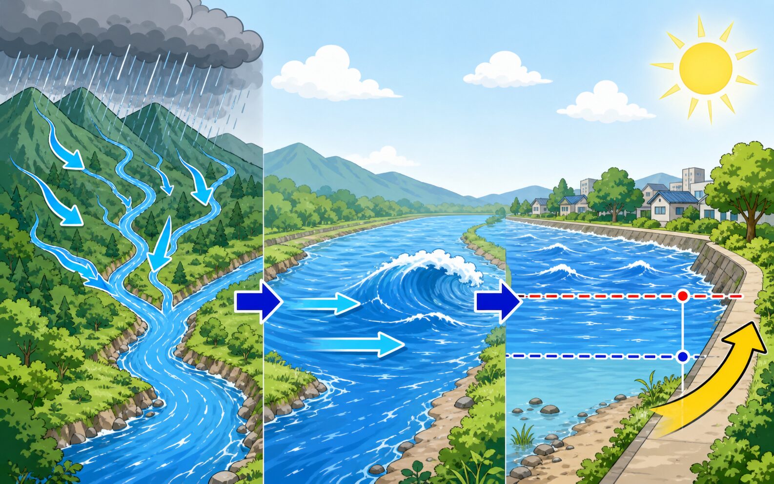 上流の大雨が川へ集まり、晴れている下流の水位が急に上がる様子