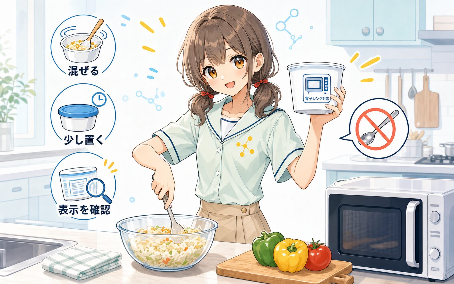食品を混ぜて加熱ムラを減らし電子レンジ対応容器を確認する様子