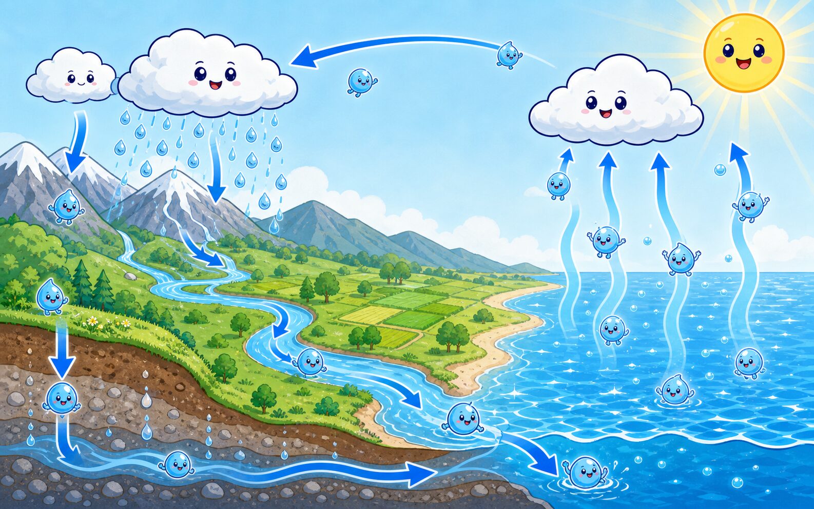 降った雨が川や地下水を通って海へ戻り、再び蒸発する水の循環