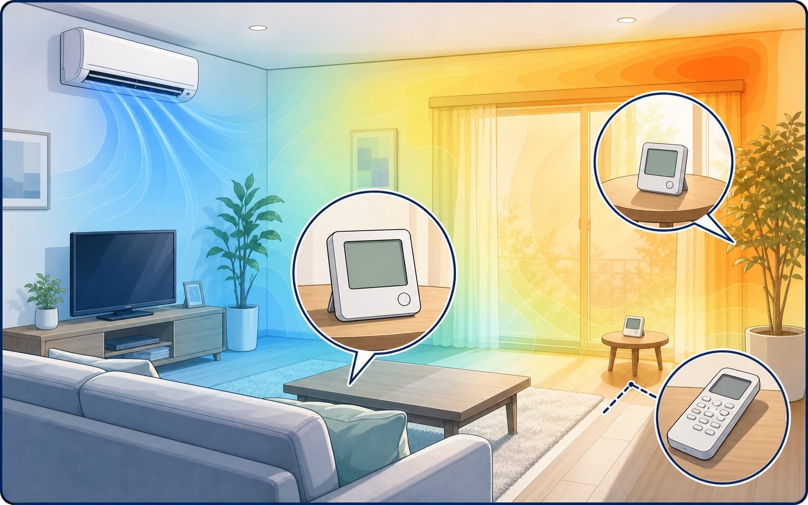 エアコンのある部屋で人が過ごす場所の温湿度を測る様子