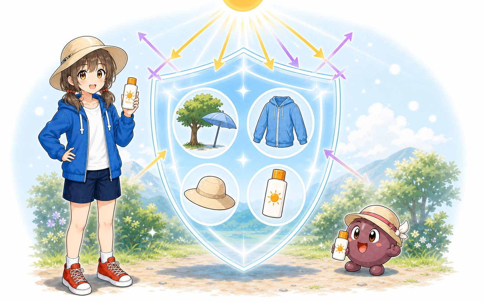 ミナが日陰、衣服、帽子、日焼け止めを組み合わせて紫外線対策をする様子