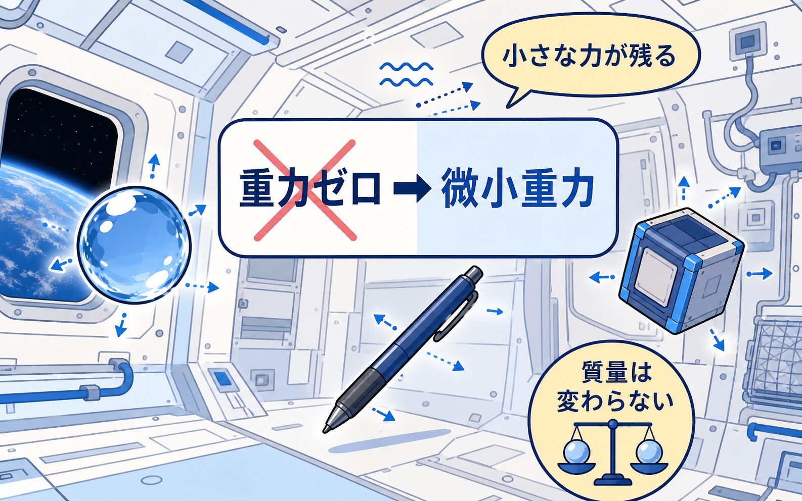 ISS船内では小さな力が残る微小重力環境であることを示す図解
