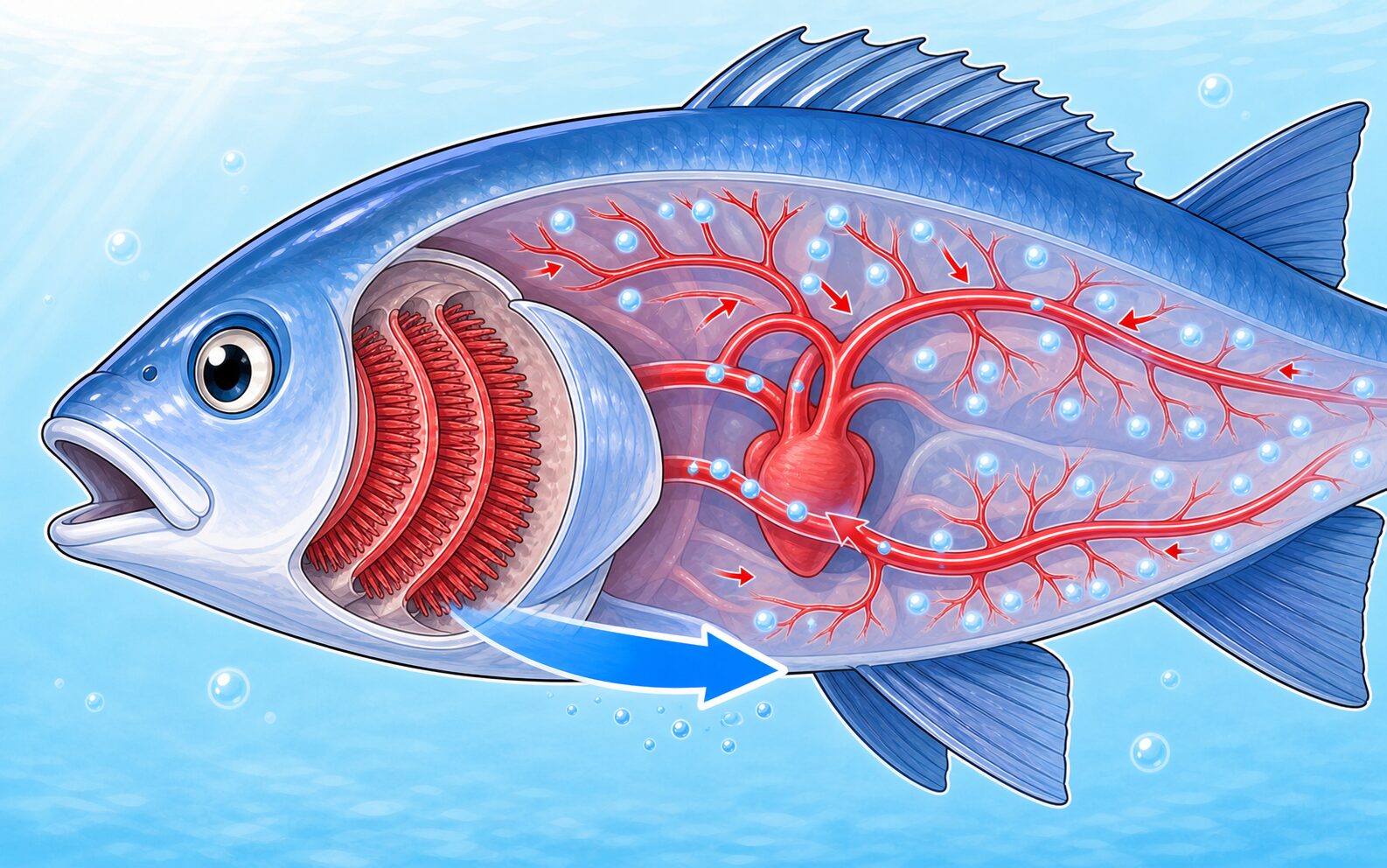 エラを通った水がエラぶたの後ろから外へ出て、酸素を含む血液が魚の全身へ流れる様子