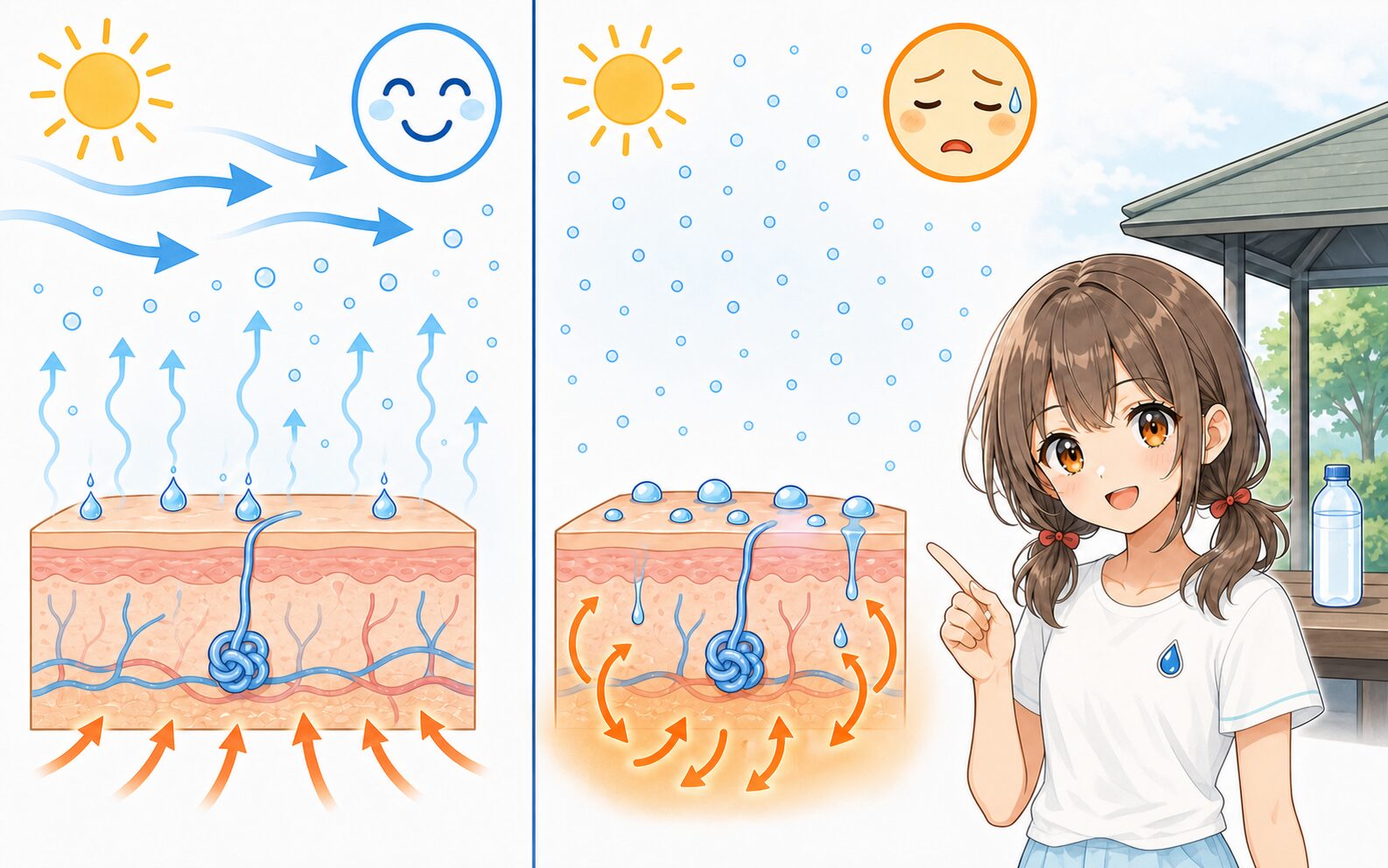 乾燥して風がある環境と湿度が高く風が弱い環境で汗の蒸発を比べた図解