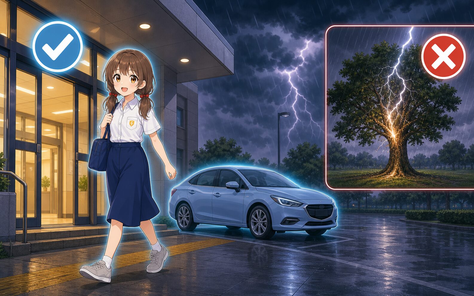 雷鳴が聞こえたら丈夫な建物や閉め切った車へ避難し木の下を避ける案内