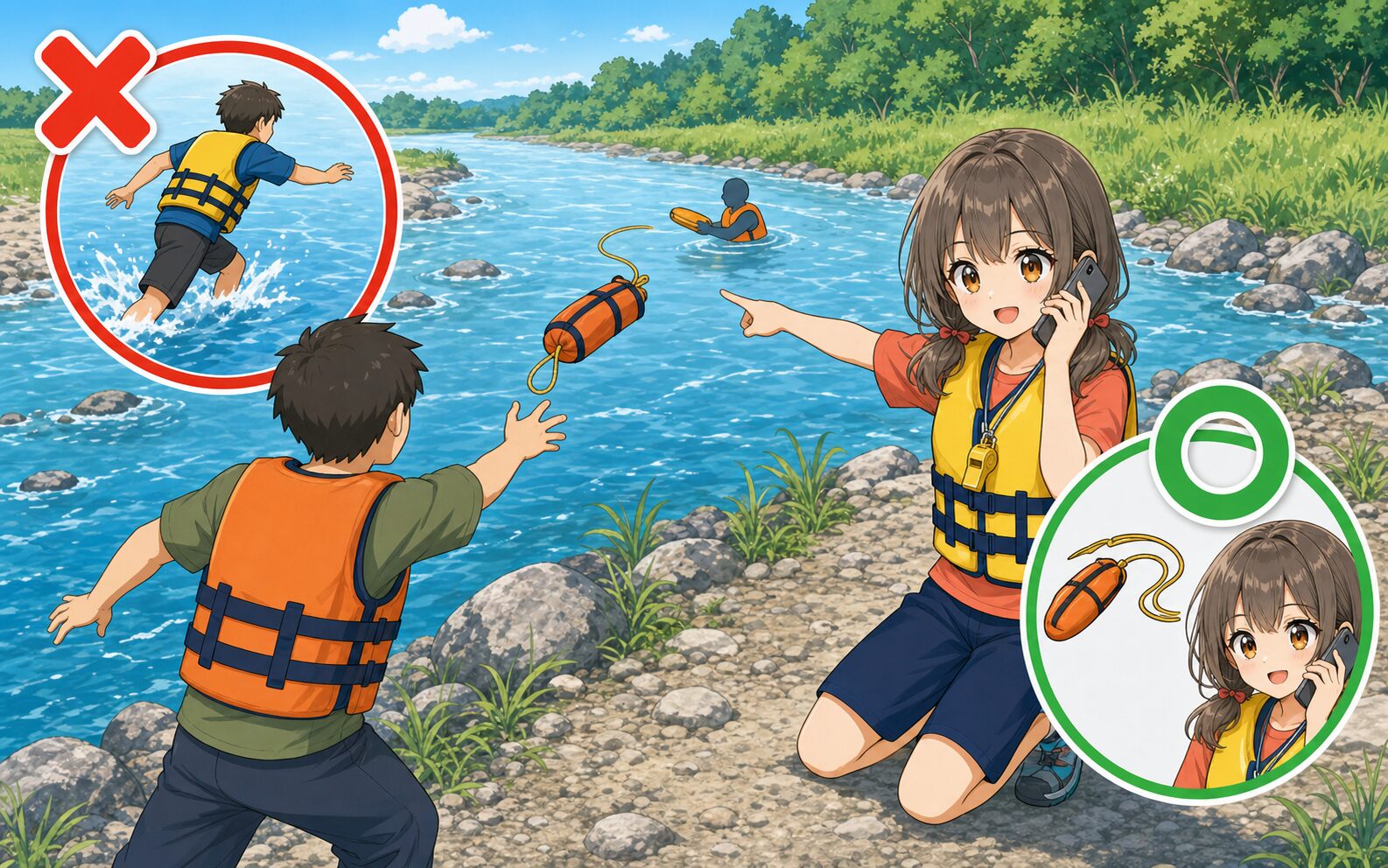 岸から通報して浮く物を届け、救助者が川へ入らない行動