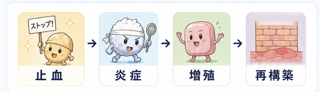 傷が治る流れを、止血・炎症・増殖・再構築の4段階で示したイラスト